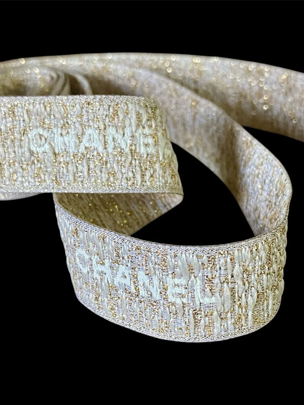 CHANEL Ribbon Authentic Woven Gold & White Holiday Ribbon 48 Inches‎ L
